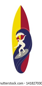 Surfboard depicting surfer riding the wave. Flat modern trendy style.Vector illustration character icon. Isolated on white background. Surf logo design.