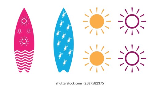 surfboard design, beach vacation icons, summer holiday patterns