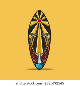 Surfboard design for poster or print in t shirt with summer and beach concept