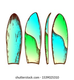 Surfboard In Different View Color Set Vector. Surfboard For Extreme Sport On Ocean Waves. Surf Board Engraving Concept Template Designed In Vintage Style Illustrations