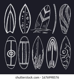 Surfboard doodle set. Vector illustration. 