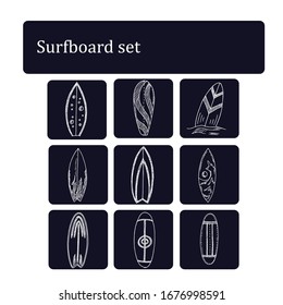 Surfboard doodle set. Vector illustration. 