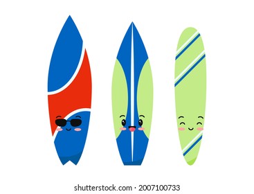 Surfboard emoji set isolated on white background. Happy  surf boards for summer sea and ocean sport activity. Flat design kawaii cartoon style vector character clip art illustration.
