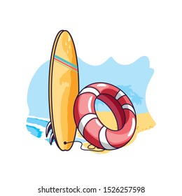 surfboard equipment sport in the beach with float vector illustration design