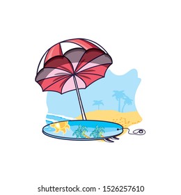 surfboard equipment sport in the beach with umbrella vector illustration design