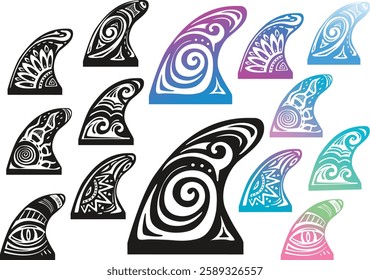 Surfboard Fin decor in Maori Surf Style, Beach Decor, hand drawn vector design