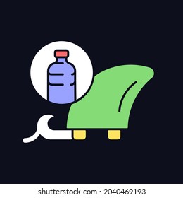 Surfboard fins from recycled waste RGB color icon for dark theme. Eco-friendly surfer. Recycling bottle caps. Isolated vector illustration on night mode background. Simple filled line drawing on black
