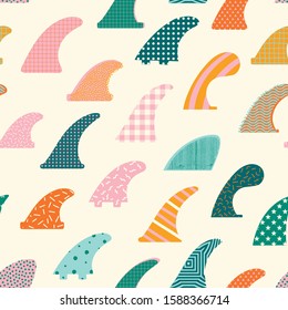 Surfboard Fins Seamless Pattern In Retro Color Palette. Summer Beach Illustration In Vector. 