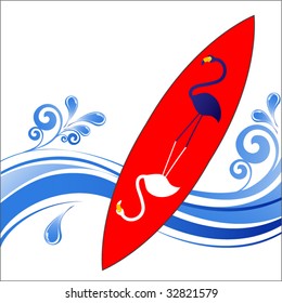 surfboard with flamingos and wave