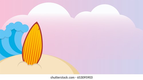 Surfboard flat illustration. Vacation banner with place of text. Surf in sand with waves in the background. Beach recreation with halftone gradient background with clouds