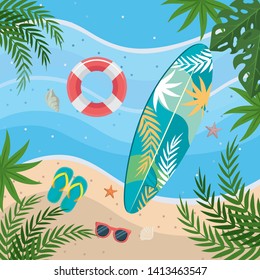 surfboard with float and flip-flop with sunglasses in the beach sand