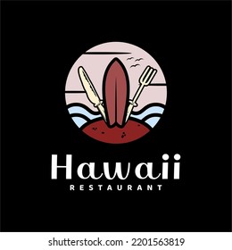 Surfboard, Fork, Knife For Beach Restaurant Logo. Holiday Restaurant Illustration Vector Design