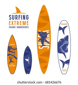 Surfboard graphic design with the image of sharks. Various forms of surfboard: shortboard, longboard; fish and gun