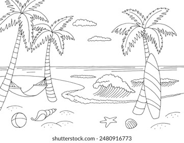 Surfboard and hammock sea coast graphic beach black white landscape sketch illustration vector