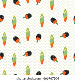 Surfboard and ice cream seamless vector wavy pattern. Green, orange and white striped surf boards with small waves.