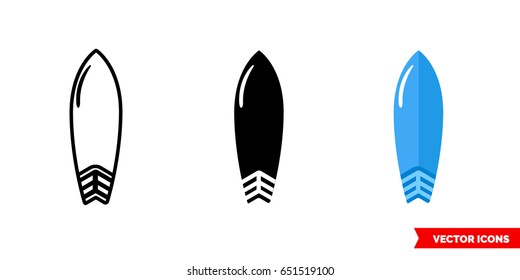 Surfboard icon of 3 types: color, black and white, outline. Isolated vector sign symbol.