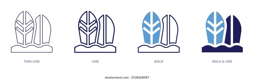 Surfboard icon in 4 different styles. Thin Line, Line, Bold, and Bold Line. Duotone style. Editable stroke.