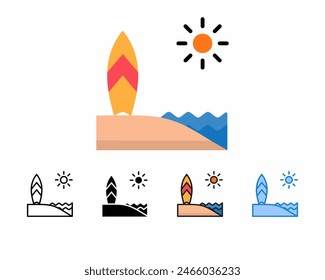 Surfboard icon.set 5 icon Sport beach,line, outline, glyph,filled line,flat color,and blue color.Editable strokes and pixel perfect.Can be used for digital products, prints etc.