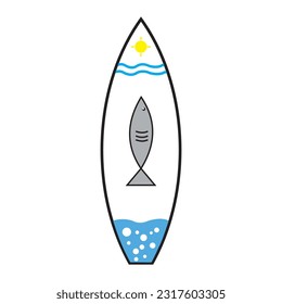 surfboard icon depicting fish and waves