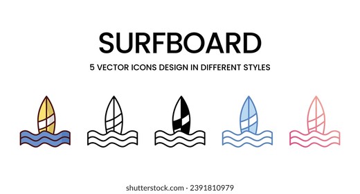 Diseño de iconos de Surfboard en estilo Cinco con barra editable. Línea, Sólido, Línea plana, Color de tono Duo y Línea de degradado de color. Adecuado para diseño de páginas Web, aplicaciones móviles, UI, UX y GUI.