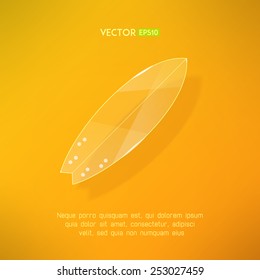 Surfboard icon in glass design. Surfing board with a shadow on golden background. Vector illustration