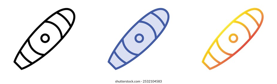 Ícone Surfboard. Design de estilo linear, preenchimento azul e gradiente isolado em plano de fundo branco