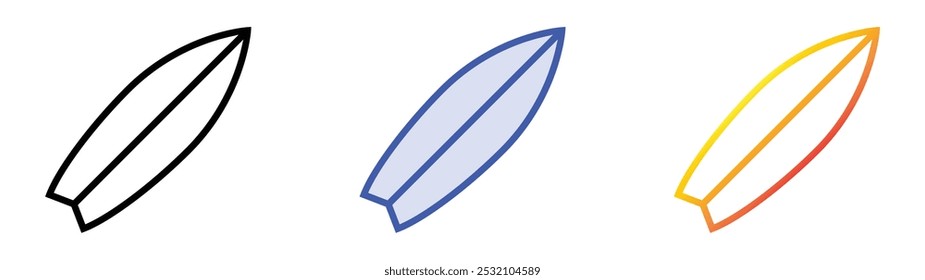 Ícone Surfboard. Design de estilo linear, preenchimento azul e gradiente isolado em plano de fundo branco