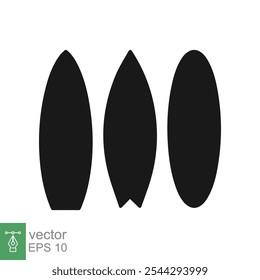 Conjunto de iconos de tabla de surf. Silueta negra de tabla de surf larga, estilo plano. Longboard, surfista, tropical, playa, verano, concepto del deporte. Sólido, Ilustración vectorial de glifo aislado sobre fondo blanco. EPS 10.