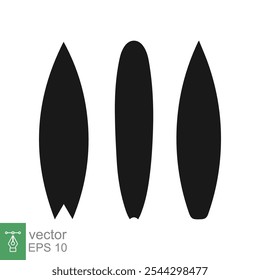 Conjunto de iconos de tabla de surf. Silueta negra de tabla de surf larga, estilo plano. Longboard, surfista, tropical, playa, verano, concepto del deporte. Sólido, Ilustración vectorial de glifo aislado sobre fondo blanco. EPS 10.