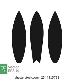 Conjunto de iconos de tabla de surf. Silueta negra de tabla de surf larga, estilo plano. Longboard, surfista, tropical, playa, verano, concepto del deporte. Sólido, Ilustración vectorial de glifo aislado sobre fondo blanco. EPS 10.