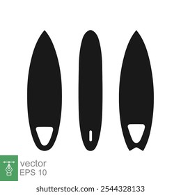 Conjunto de iconos de tabla de surf. Silueta negra de tabla de surf larga, estilo plano. Longboard, surfista, tropical, playa, verano, concepto del deporte. Sólido, Ilustración vectorial de glifo aislado sobre fondo blanco. EPS 10.