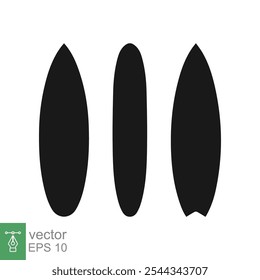 Conjunto de iconos de tabla de surf. Silueta negra de tabla de surf larga, estilo plano. Longboard, surfista, tropical, playa, verano, concepto del deporte. Sólido, Ilustración vectorial de glifo aislado sobre fondo blanco. EPS 10.