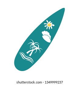 Surfboard icon. Stencil in blue and yellow tone. Vector illustration.
