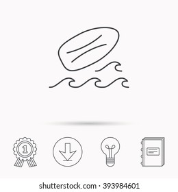 Surfboard icon. Surfing waves sign. Download arrow, lamp, learn book and award medal icons.