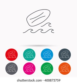Surfboard icon. Surfing waves sign. Linear icons in circles on white background.