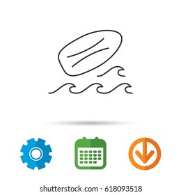 Surfboard icon. Surfing waves sign. Calendar, cogwheel and download arrow signs. Colored flat web icons. Vector