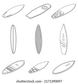 Surfboard icons set. Isometric set of surfboard vector icons outline isolated on white background