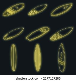 Surfboard icons set. Isometric set of surfboard vector icons neon color on black