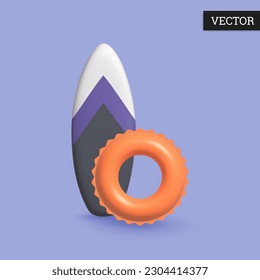 Surfboard and  Inflatable ring 3d icons in cartoon style. Surfboard, ring inflatable for pool and sea isolated on violet background. Design elements for extreme sport and vacation. Vector illustration