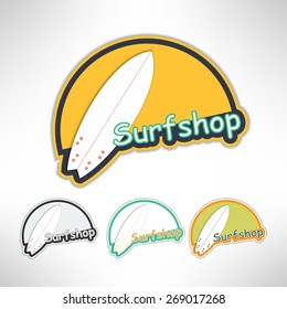 Surfboard label logo or surging shop board. T-shirt print. Surfing banner. Vector illustration.