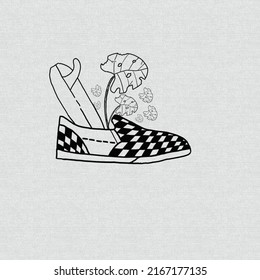 Surfboard and leaf isolated on shoes,black sketch on a with background