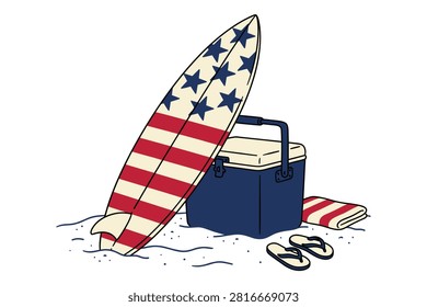 Surfboard leaning against blue cooler with beach towel and flip flops on sandy beach ready for holiday adventure.