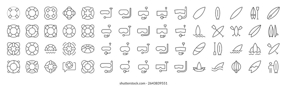 Surfboard, Lifeline, Diving Mask Line Icon Set. Minimalistic Linear Pictogram for Web and Graphic Design, Apps, Banners, Social Network and Cards