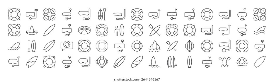 Surfboard, Lifeline, Diving Mask Line Icon Pack. Minimalistic Linear Pictogram for Web and Graphic Design, Apps, Banners, Social Network and Cards