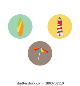 Surfboard, Lighthouse, Umbrella Icon Beach Vector Bundle
