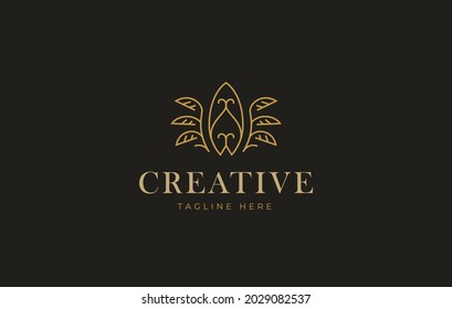 Surfboard Logo Design Template. Surfboard line design decorated with abstract nature leaves. Creative Vector Icon Design Concept.