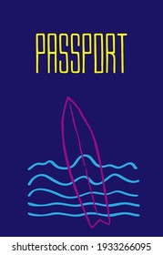 Surfboard logo icon sign silhouette Wave symbol Passport lettering for cover doodle design Cartoon children's style Fashion print clothes apparel greeting invitation card cover flyer poster banner ad
