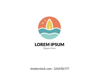 surfboard logo with ocean water wave in circle design concept