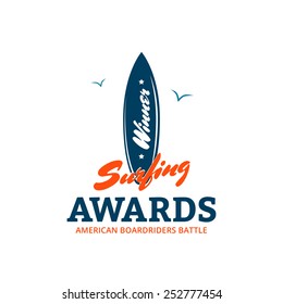 Surfboard logo or typography print on t-shirt. Surfing awards