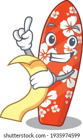Surfboard mascot character style with food and beverage menu on his hand. Vector illustration
